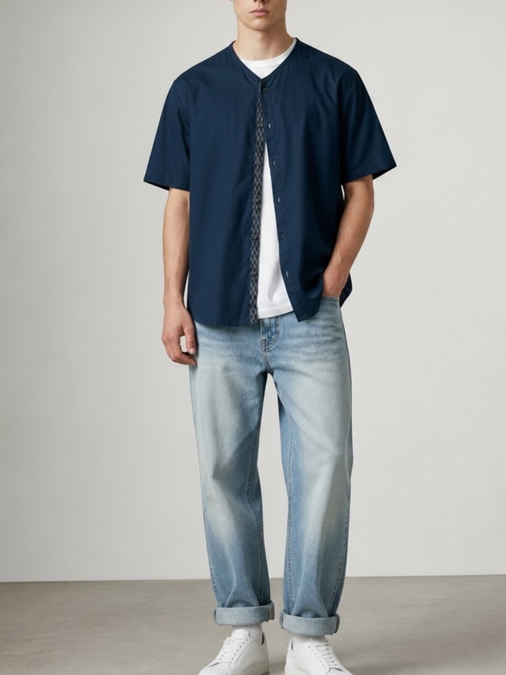 NWT Illustrated Example Collarless Short Sleeve Cotton Shirt In Navy | Size S